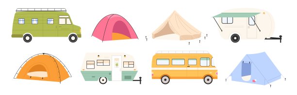 孤立的露营旅行交通工具，游客回家靠车轮。现代帐篷露营和拖车，营地卡通车辆的娱乐对自然活泼向量集图片下载