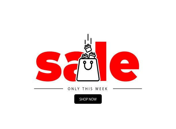 写有“sale”字样的广告横幅，上面有一个白色背景的购物袋，里面放着礼物图片下载