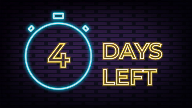 4天左霓虹灯横幅矢量设计模板。4日销售灯光横幅，设计元素，夜间明亮的广告，明亮的招牌。矢量插图。图片下载