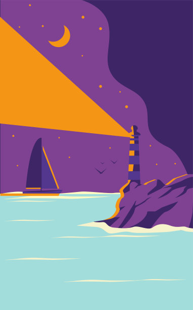 美丽的夜晚的海景。海岸上的灯塔和游艇或海船在夜空的背景下在附近航行图片下载