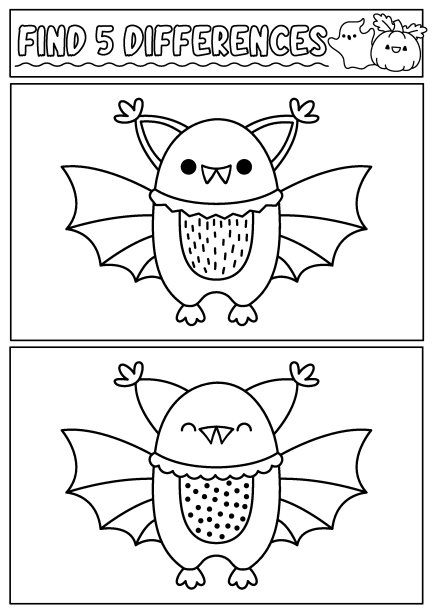 万圣节黑白找差异游戏给孩子们玩。注意技能线活动与可爱的球棒。儿童与有趣的性格的谜题。可打印什么是不同的工作表或着色页图片下载