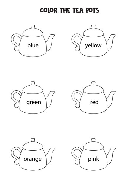 读名色和彩色黑白茶壶。教育工作表。图片下载