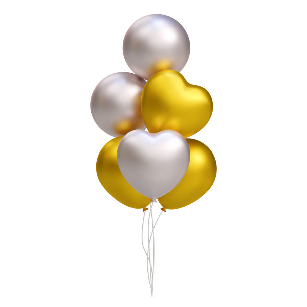 一束逼真的3D金银气球，心形。矢量插图装饰卡，党，设计，传单，海报，横幅，网页，广告图片下载