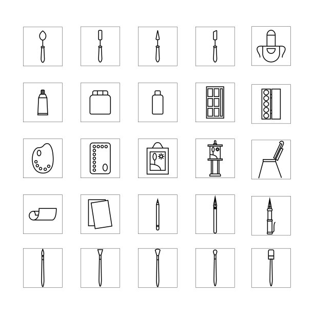 绘画，一套图标。调色刀、画笔、颜料、画架、素描本、纸张、钢笔、铅笔、油画、围裙。图片下载