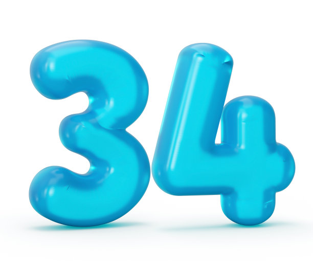 蓝色果冻数字34 34孤立在白色背景果冻彩色字母数字儿童3d插图图片下载