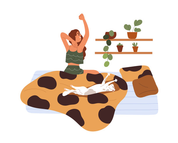 幸福的女人早上醒来，可爱的猫在图片下载