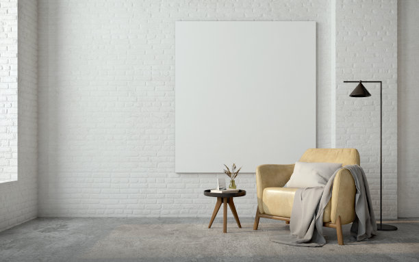 最小阁楼风格的室内。扶手椅，边桌，台灯和空白画布在砖墙背景。三维渲染图片下载