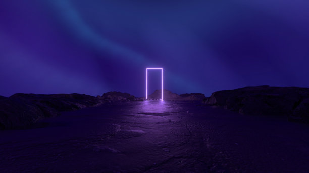 神秘的宇宙景观岩石和霓虹紫色方形框架。抽象科幻几何背景。未来的概念。虚拟现实。产品展示展示场景。三维渲染图片下载