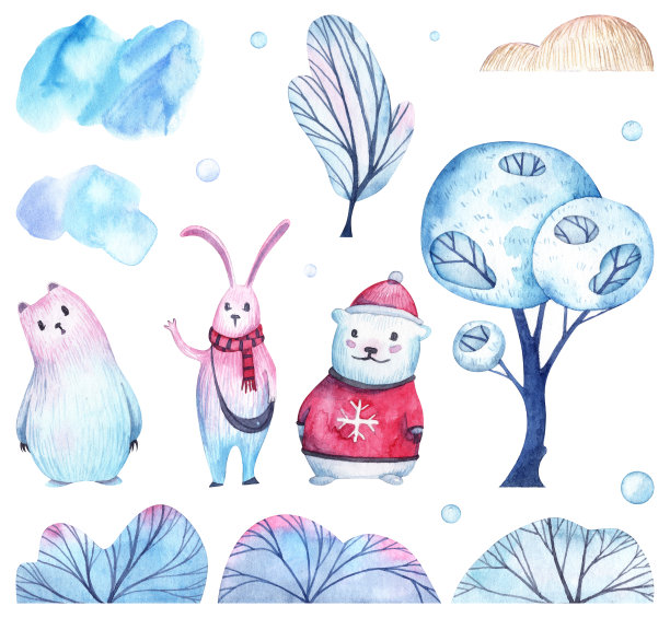 冬季主题的可爱抽象对象，树，动物和雪在白色背景。水彩手绘大冬集图片下载