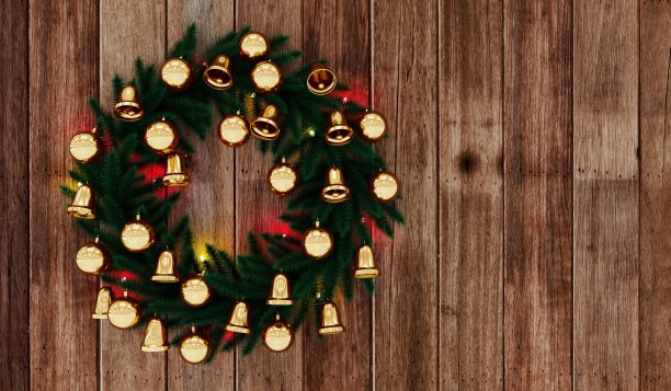 木门上挂着圣诞花环。三维渲染图片下载