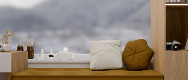 舒适的靠窗沙发或靠窗长椅，配有配件。家庭客厅内部图片下载