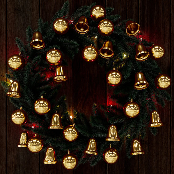 木门上挂着圣诞花环。三维渲染图片下载