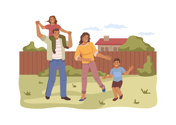 快乐的一家人在家后院玩耍图片下载