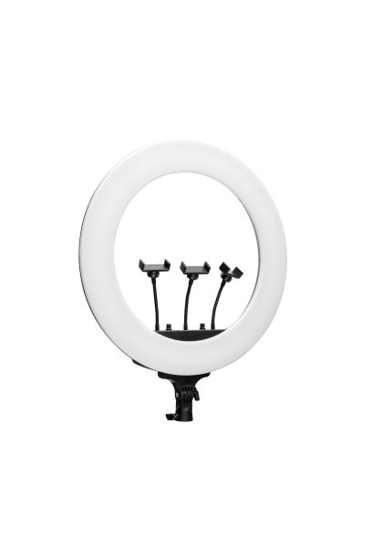 圆形霓虹LED灯孤立的白色背景特写。流行的现代灯光化妆和美女肖像。图片下载