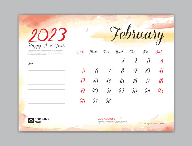日历2023模板，桌面日历2023模板，2023年2月，星期开始星期日，墙日历，规划师，文具，印刷模板，组织者办公室，红色水彩背景，矢量图片下载
