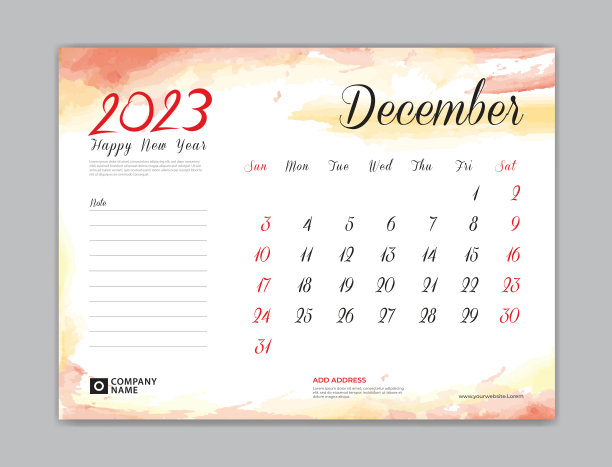 日历2023模板，桌面日历2023模板，2023年12月，星期开始星期日，墙日历，规划师，文具，印刷模板，组织者办公室，红色水彩背景，矢量图片下载