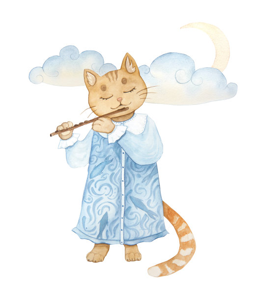 水彩插画描绘了复古可爱的童话儿童玩具猫与长笛，孤立图片下载
