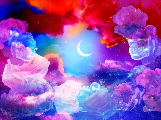 少女粉色玫瑰框和新月在夜空中闪耀的剪接艺术图片下载