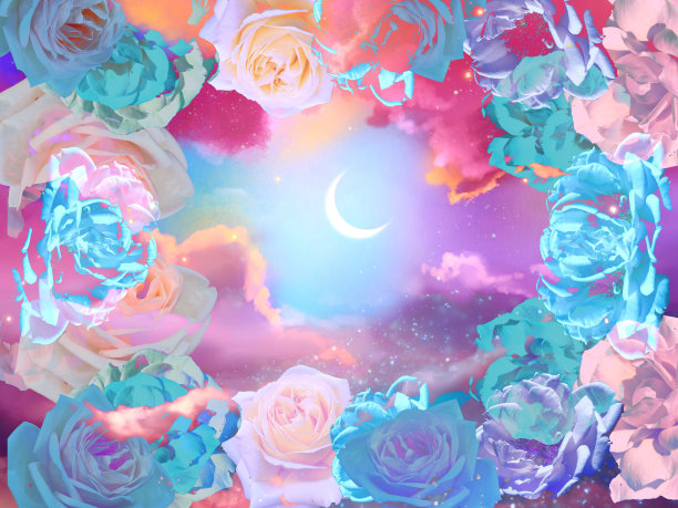 少女粉色玫瑰框和新月在夜空中闪耀的剪接艺术图片下载