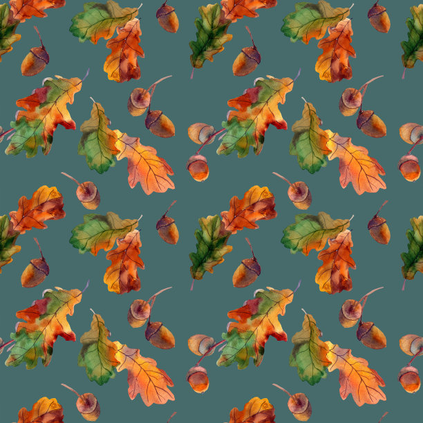 水彩无缝图案秋季绿色和黄色橡树叶子在蓝色的背景。植物学橡树叶，橡子插图。图片下载