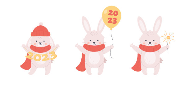 可爱的小白兔系列。兔子祝你2023年新年快乐。兔年。冬天的假期。手绘矢量插图图片下载