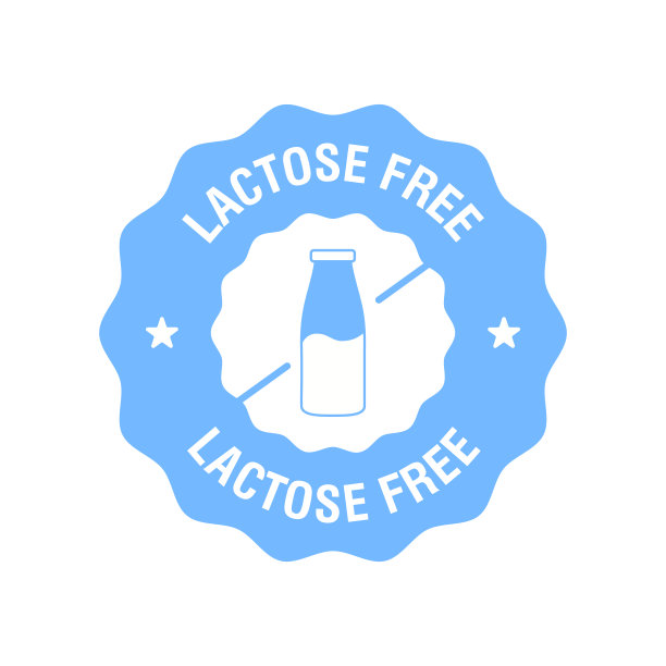 无乳糖标志图标。载体不含乳糖标签的健康乳制品产品包装。向量图片下载