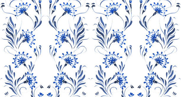 乌克兰民间绘画风格Petrykivka。花卉水彩无缝图案从蓝色的莳萝花和茴香叶在白色的背景图片下载