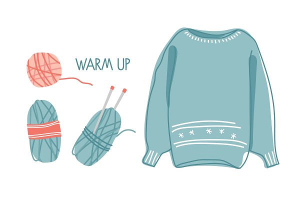 秋冬针织毛衣，毛线球带有保暖题词。舒适暖和的衣服。手工制作的针织。时尚针织品。线性矢量素描图标孤立在白色。季节性的设计元素图片下载
