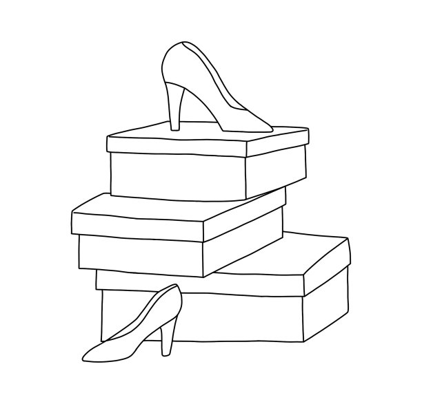 女鞋的轮廓在三个纸板鞋盒的上面，旁边是女鞋图片下载
