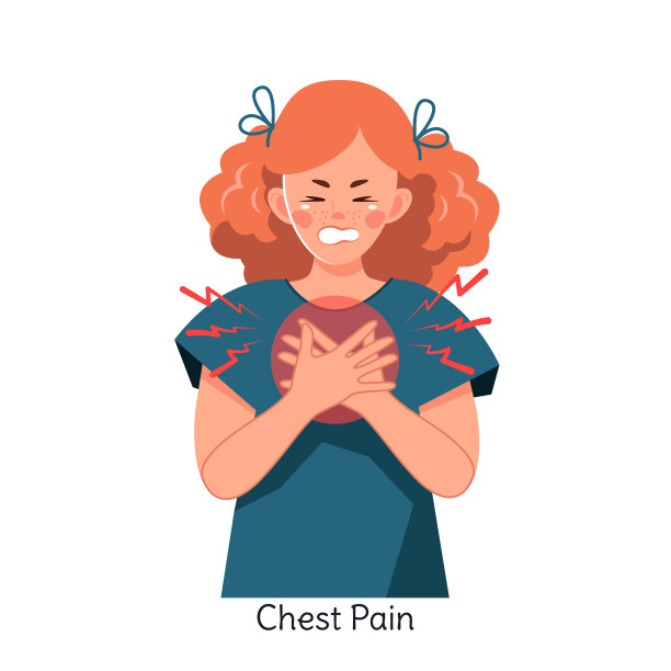 一个红头发的生病的女人感到胸痛。心脏病发作或心脏病。向量图片下载