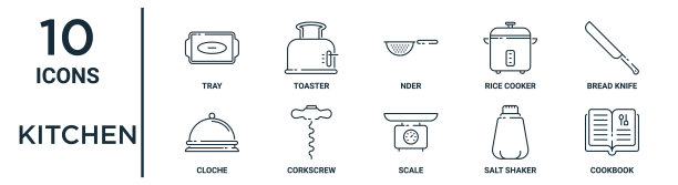 厨房轮廓图标集包括细线托盘，下，面包刀，开瓶器，盐瓶，食谱，钟形图标报告，演示，图表，网页设计图片下载