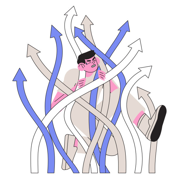 困惑的人试图做出艰难的决定或选择。男性角色寻找或找出正确的生活、事业或职业道路或方向。困惑的人在箭矢中迷失了方向。图片下载