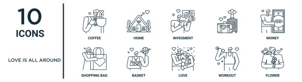 爱是所有周围轮廓图标集包括细线咖啡，投资，金钱，篮子，锻炼，花，购物袋图标报告，演示，图表，网页设计图片下载