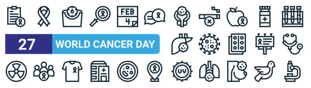一套27纲要网络世界癌症日图标，如健康报告，丝带，身体规模，不吸烟，细胞，社区，紫外线，显微镜矢量细线图标的网页设计，移动应用程序。图片下载