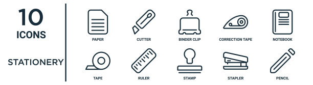 文具轮廓图标集包括薄线纸，活页夹，笔记本，尺子，订书机，铅笔，报告，演示，图表，网页设计的磁带图标图片下载