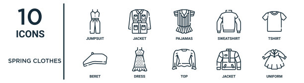 春装轮廓图标集包括细线连体衣，睡衣，t恤，连衣裙，夹克，制服，贝雷帽图标报告，演示，图表，网页设计图片下载