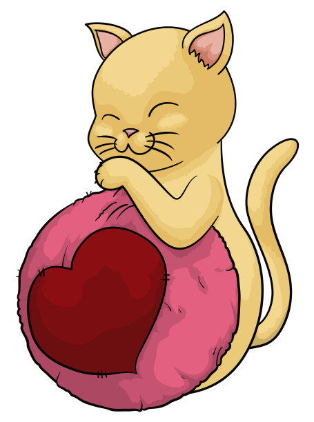 猫玩一个装饰着心的羊毛球，矢量插图图片下载
