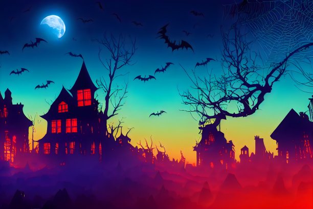 万圣节阴森恐怖的背景与霓虹灯的颜色。图片下载