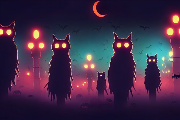 万圣节阴森恐怖的背景与霓虹灯的颜色。图片下载