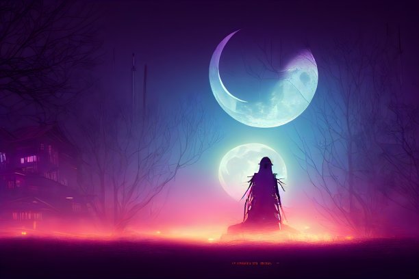 万圣节阴森恐怖的背景与霓虹灯的颜色。图片下载