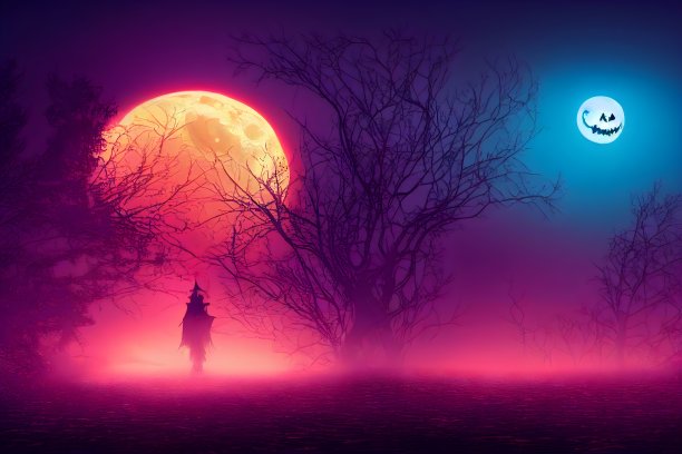 万圣节阴森恐怖的背景与霓虹灯的颜色。图片下载