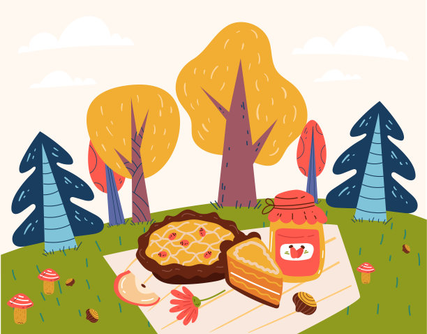 秋天秋天森林茶会野餐涂鸦简约风格抽象概念。平面设计元素矢量插图图片下载