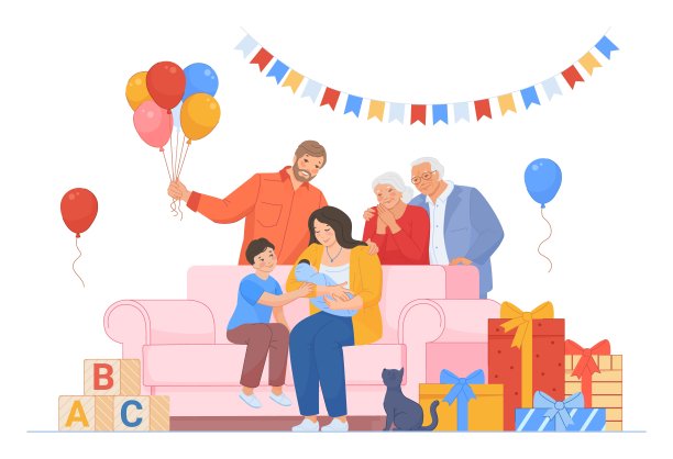 婴儿派对。迎婴聚会，新生儿来到家中，与幼儿会见母亲，家庭庆祝新孩子招待，快乐的父母身份时尚矢量插图图片下载