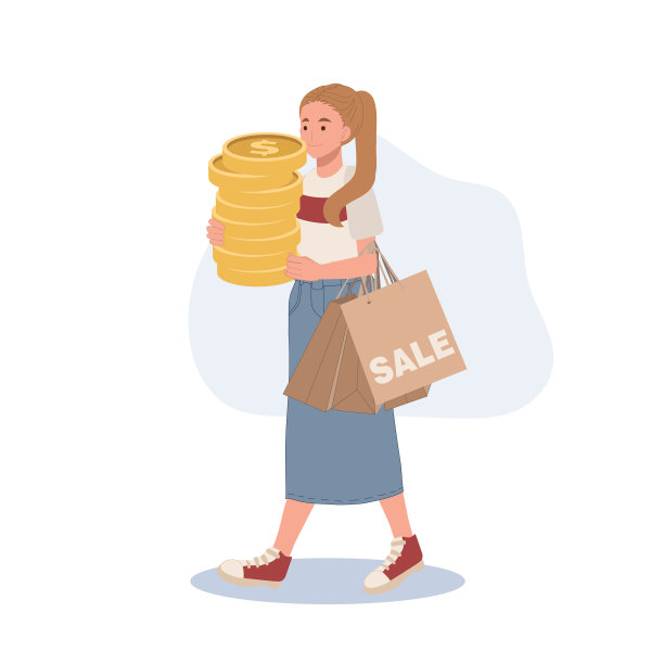 手持购物袋的妇女正在进行现金支付。购物的概念。销售推广。矢量图图片下载