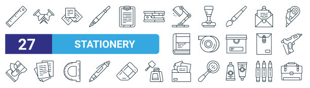 一组27个大纲网页文具图标，如尺子，推针，便签，邮票，磁带，纸，文件夹，公文包矢量细线图标的网页设计，移动应用程序。图片下载