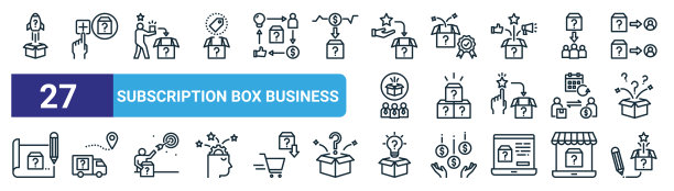 集合27大纲网站订阅盒业务图标，如推出，订户，专家，质量，包装，交付，想法，矢量细线图标为网页设计，移动应用程序。图片下载