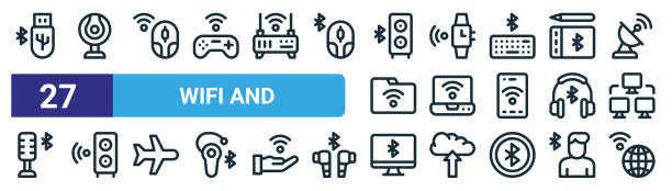 一套27概述网页wifi和图标，如usb，网络摄像头，鼠标，智能手表，笔记本电脑，扬声器，计算机，互联网矢量细线图标的网页设计，移动应用程序。图片下载