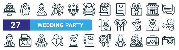 一套27概述网络婚礼派对图标，如婚礼，西装，新娘，婚礼，气球，爱，梳理，相机矢量细线图标为网页设计，移动应用程序。图片下载
