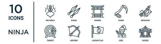忍者轮廓图标集包括细线不可见，神社，消息，弓箭手，女孩，房子，目标图标报告，演示，图表，网页设计图片下载