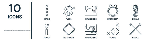 针和缝纫收藏。图标轮廓图标集包括细线缝纫，缝纫海，线，拼接，针，开膛手图标报告，演示，图表，网页设计图片下载
